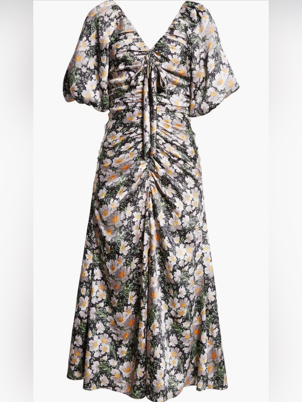 cinq a sept Black Floral V‑Neck Ruched Brenton Dress